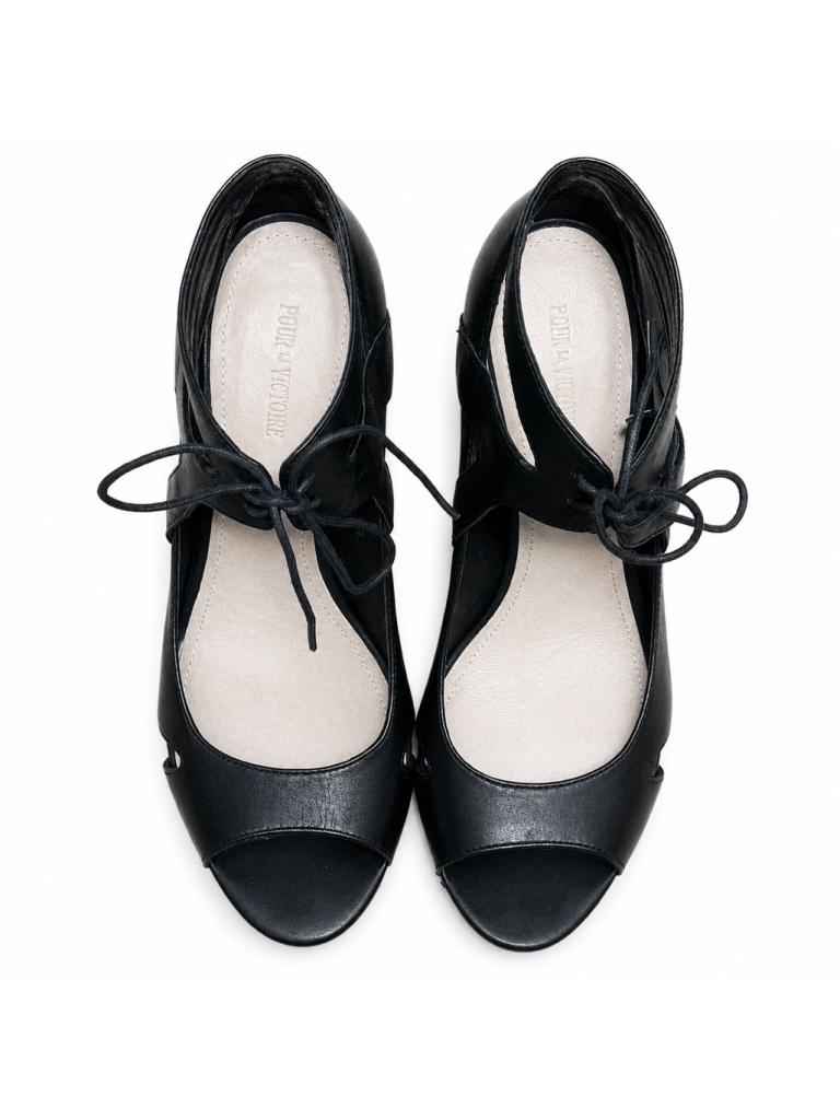 Pour La Victoire Black Leather Lace Up Peep Toe Heels Size 8